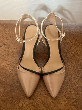 Nude Patent Pointed-Toe Slingback Heels